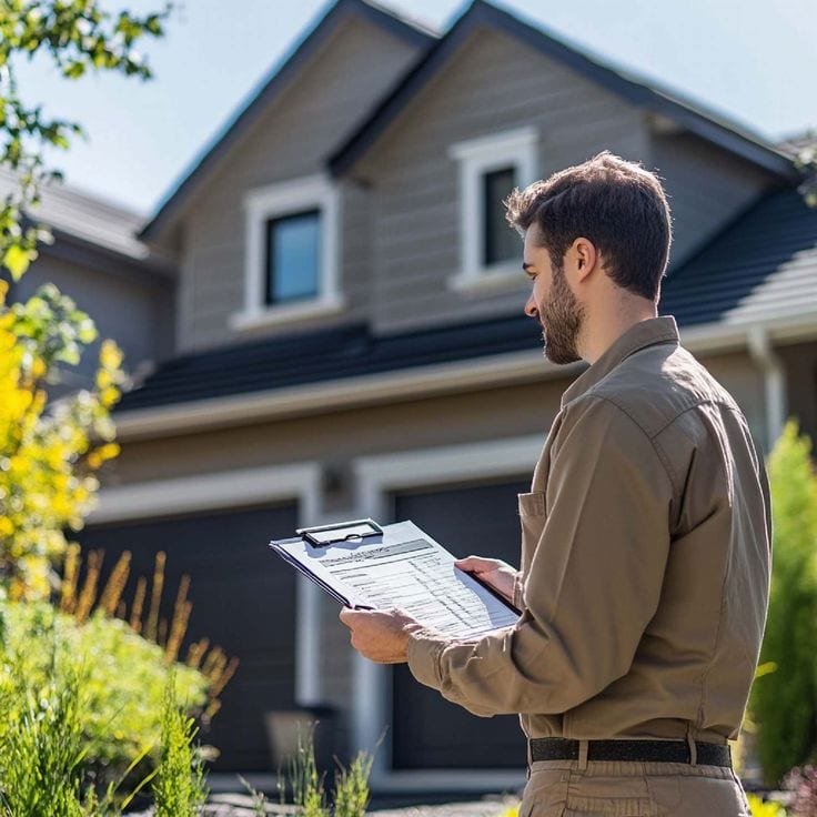 C&S estimator reviewing a project checklist outside a client's home