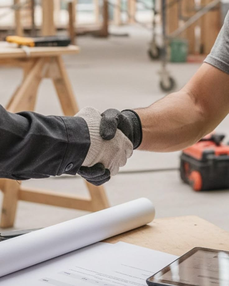 Handshake between a C&S contractor and a client on the job site