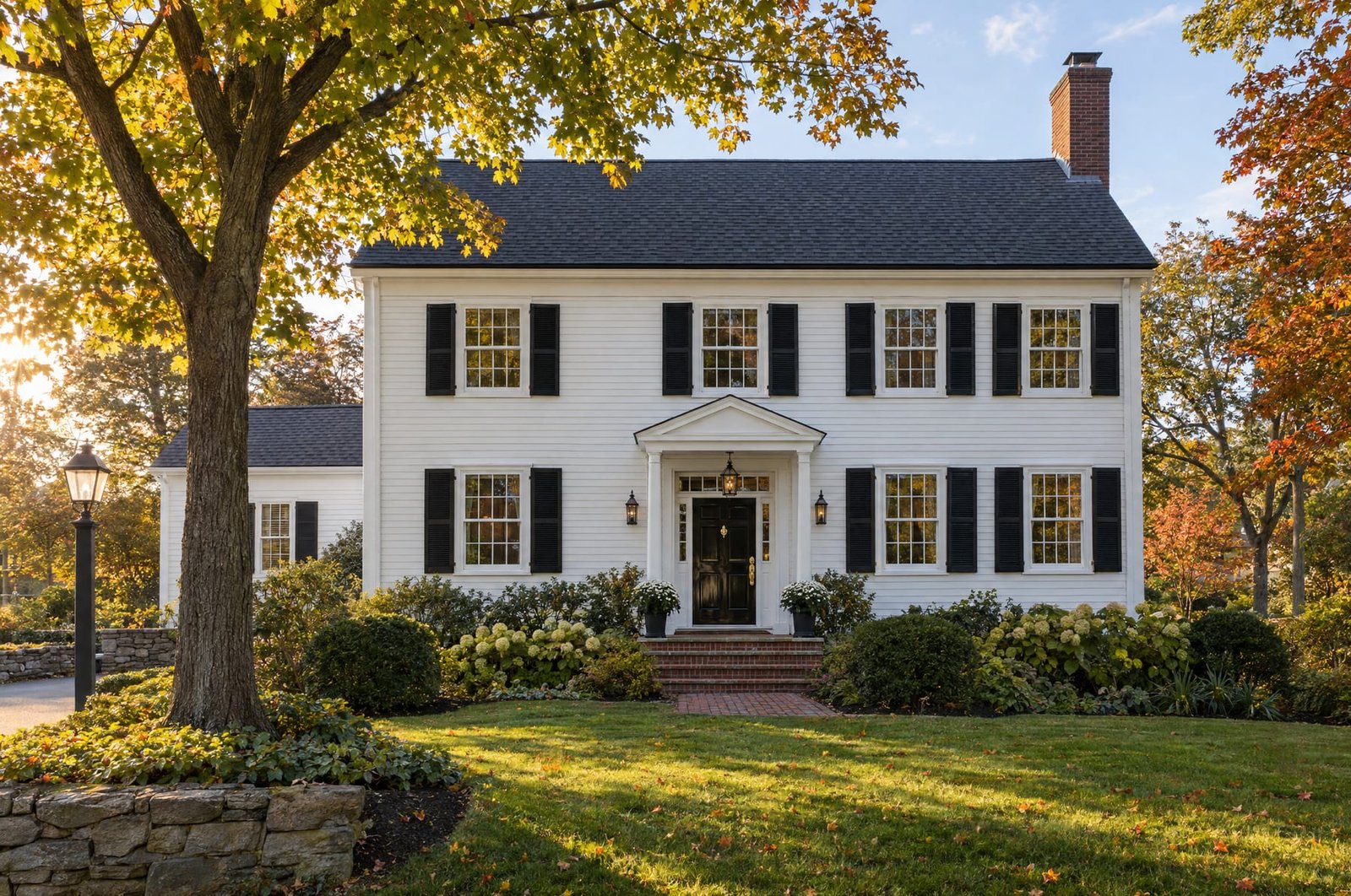Freshly repainted white colonial home with black shutters in autumn light