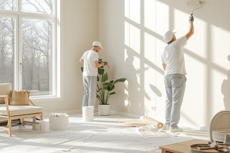 Painters refreshing the walls of a sunlit living room