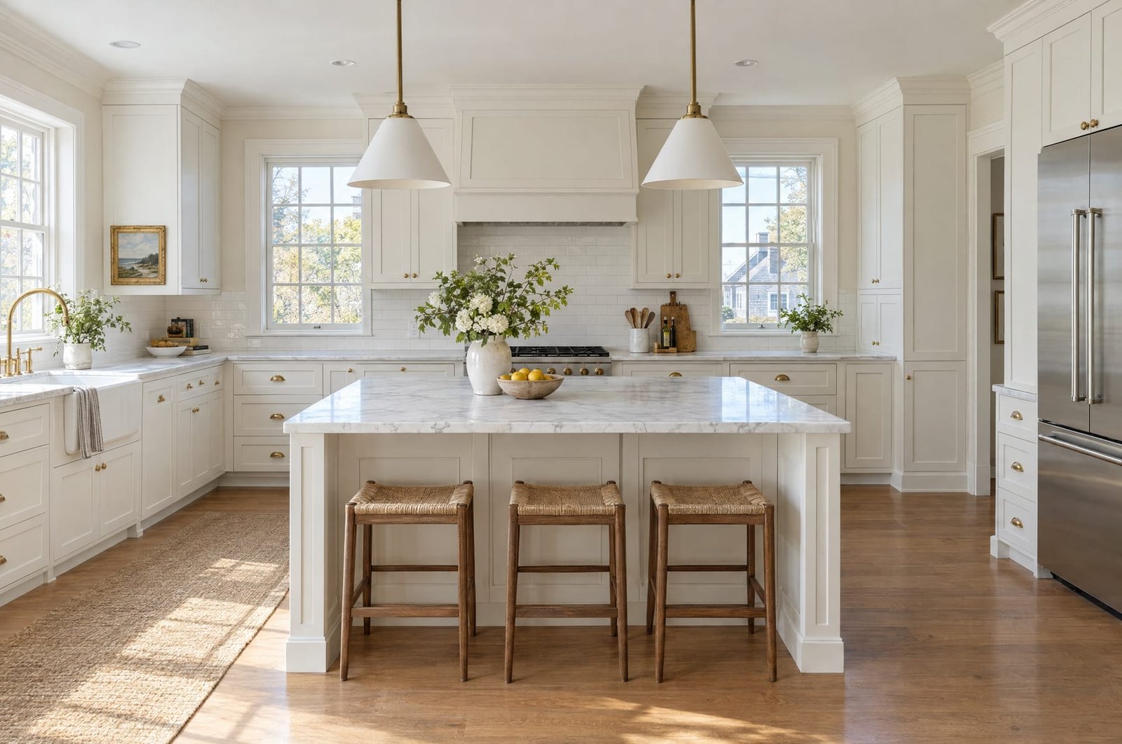 Bright kitchen with newly painted white shaker cabinets and marble countertops