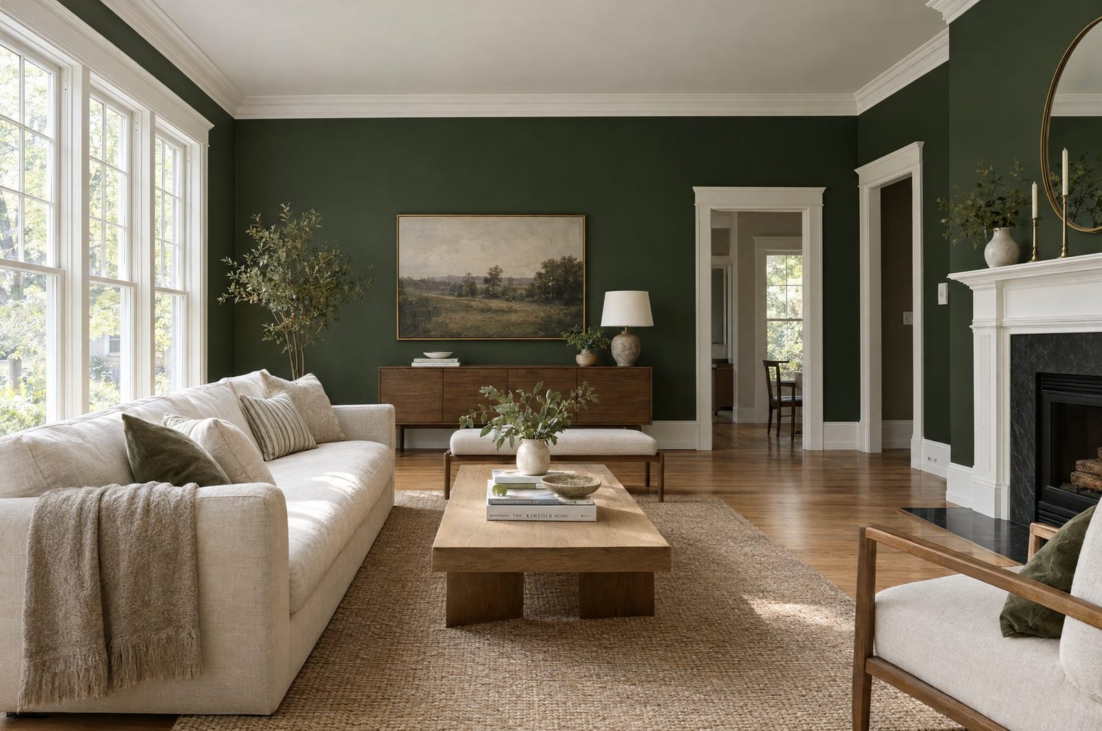 Living room with a deep forest green accent wall and crisp white trim