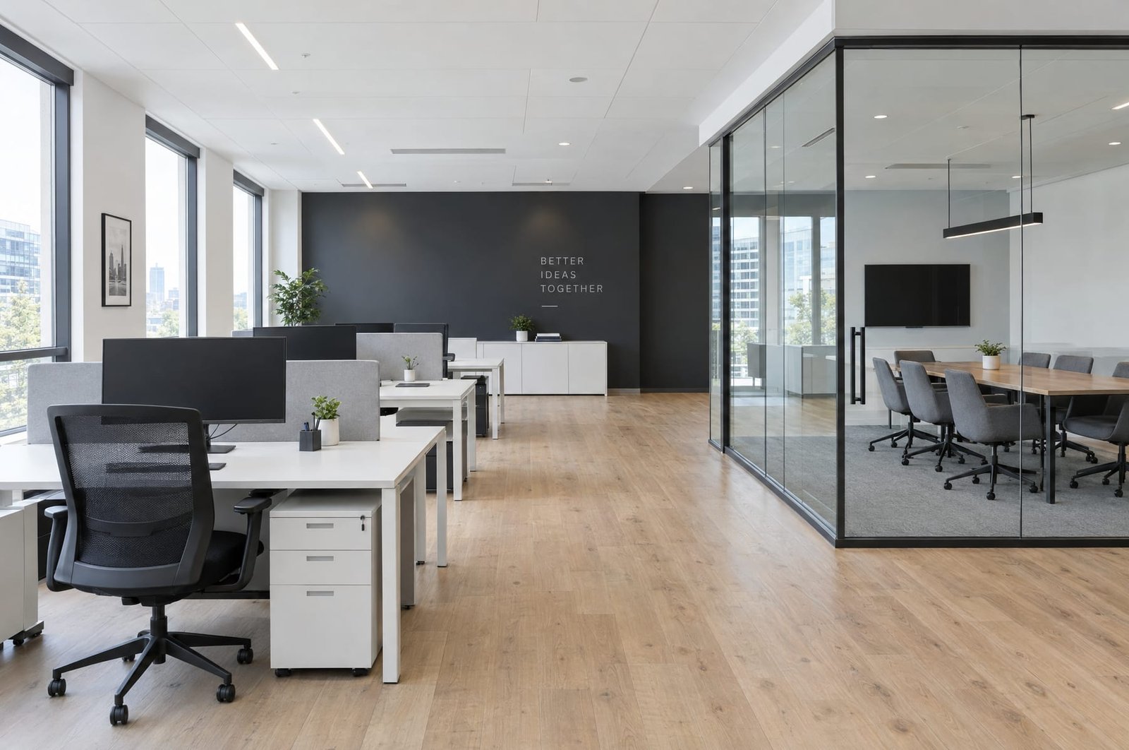 Modern office freshly painted with a charcoal accent wall