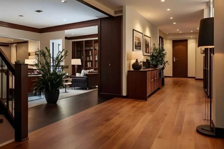 Finished open-concept hallway with warm lighting and wood floors