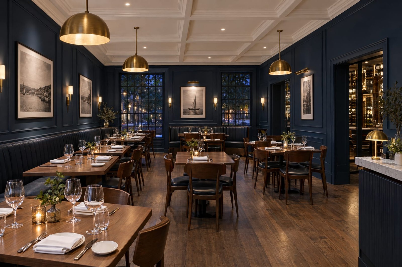 Restaurant dining room with navy walls and a white coffered ceiling