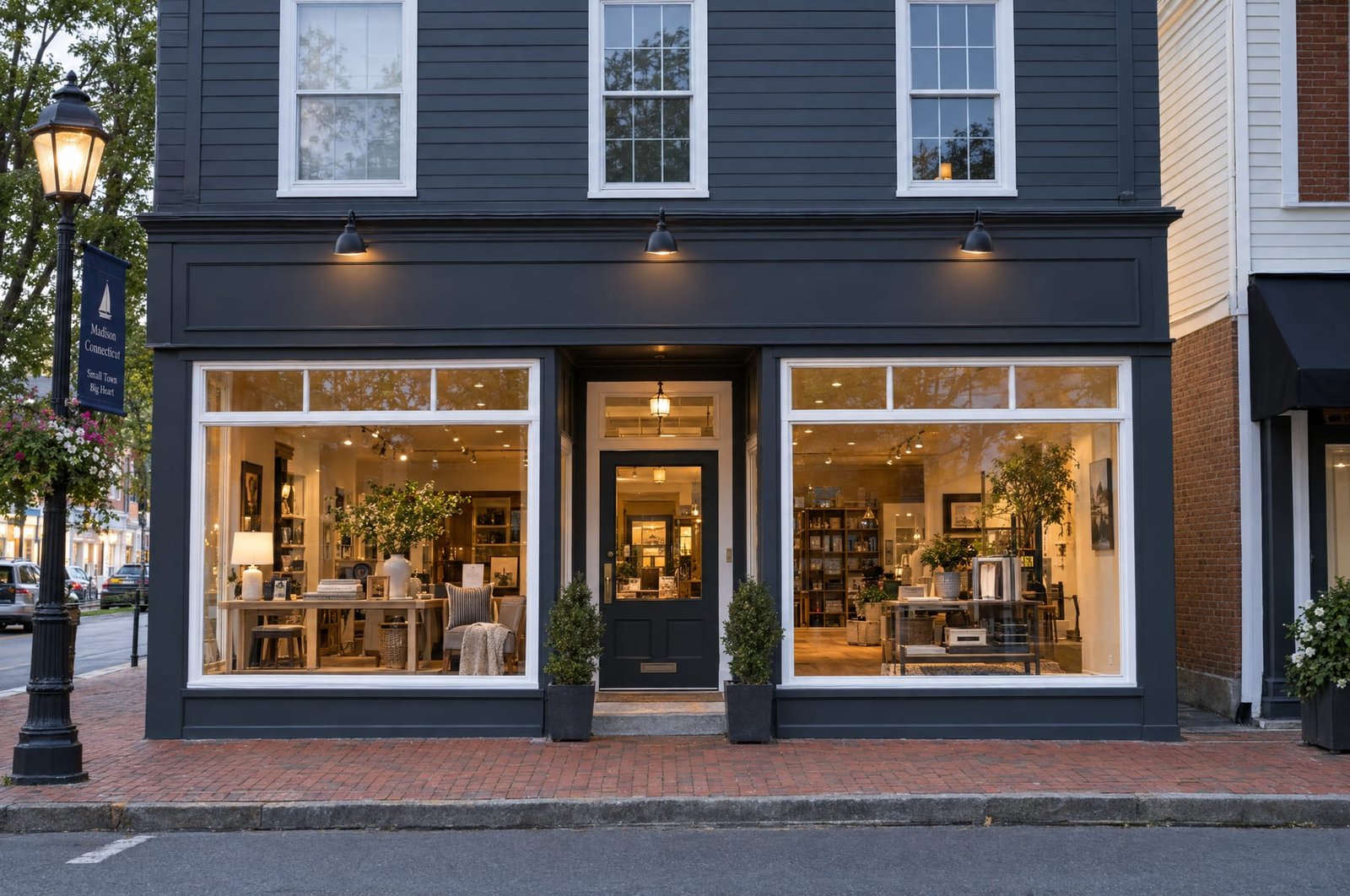 Storefront with a freshly painted charcoal facade and white window trim
