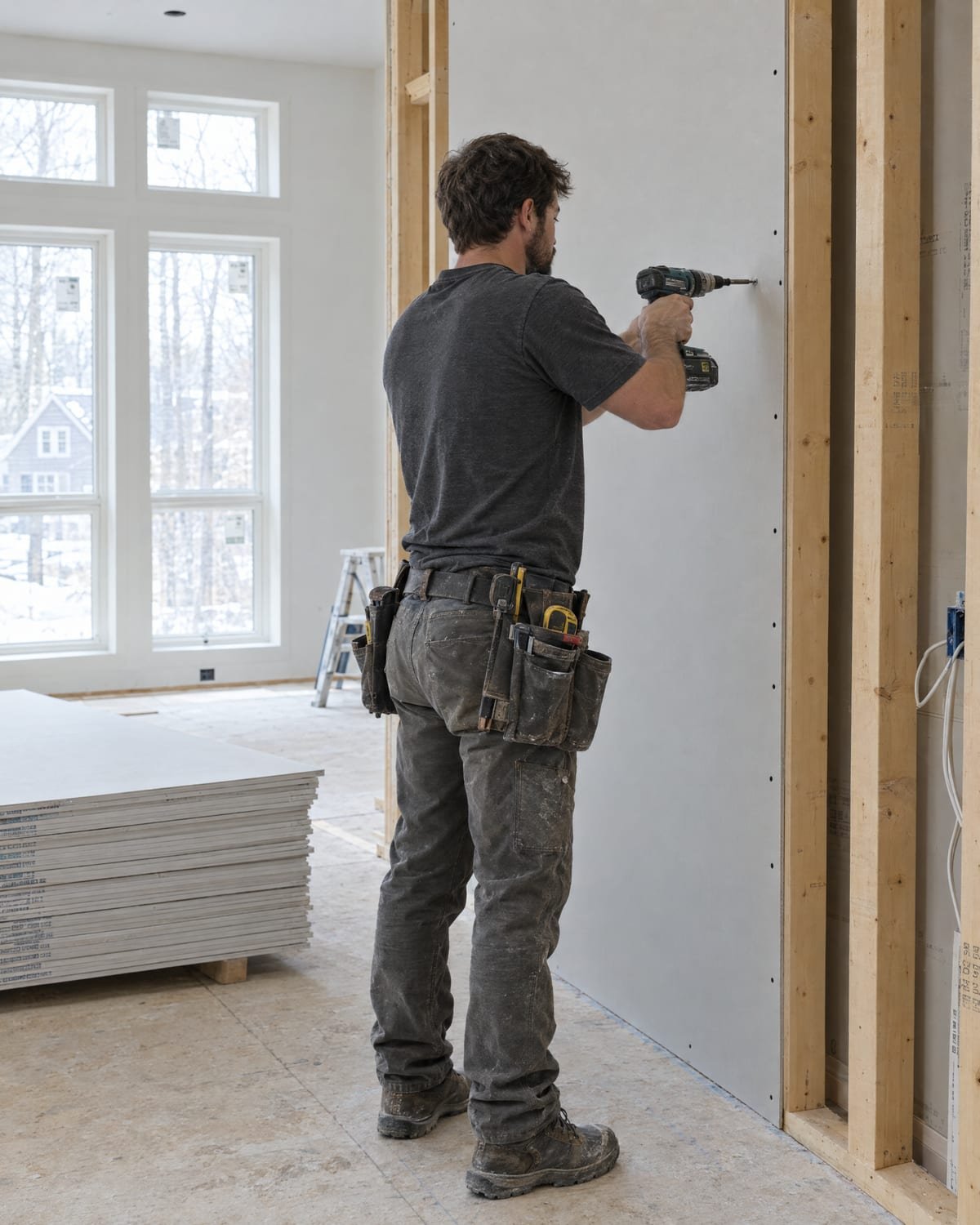 Drywall installer fastening a gypsum board panel with a screw gun