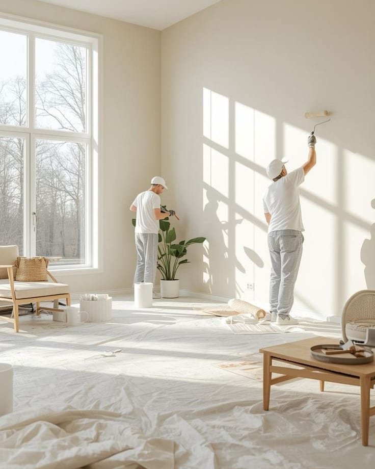 Two painters rolling warm white paint on the walls of a bright living room