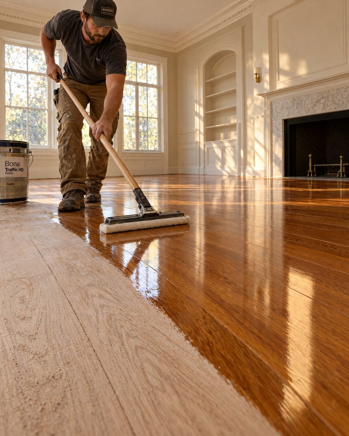 Craftsman applying a clear satin finish to a hardwood floor
