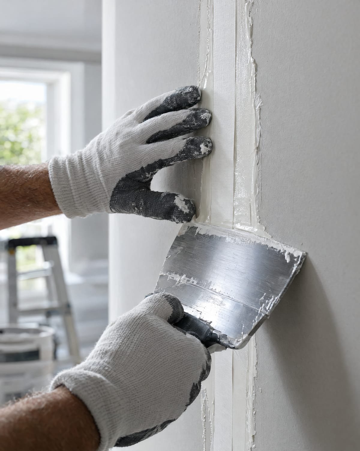 Close-up of a finisher pressing drywall tape into a seam with a taping knife