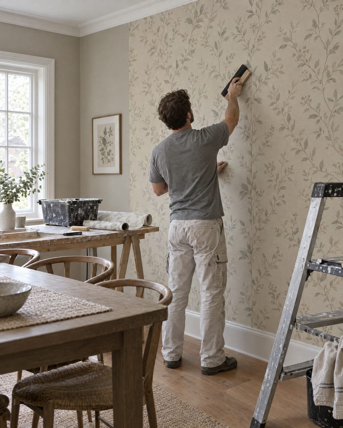 Installer smoothing a strip of botanical wallpaper onto a dining room wall