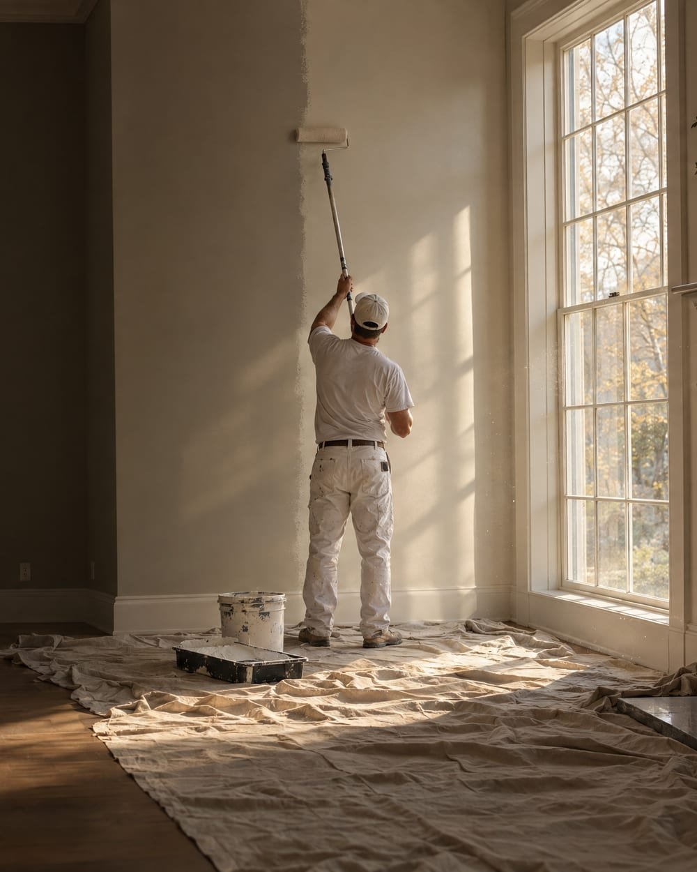 Painter rolling warm white paint onto a tall living room wall in afternoon light